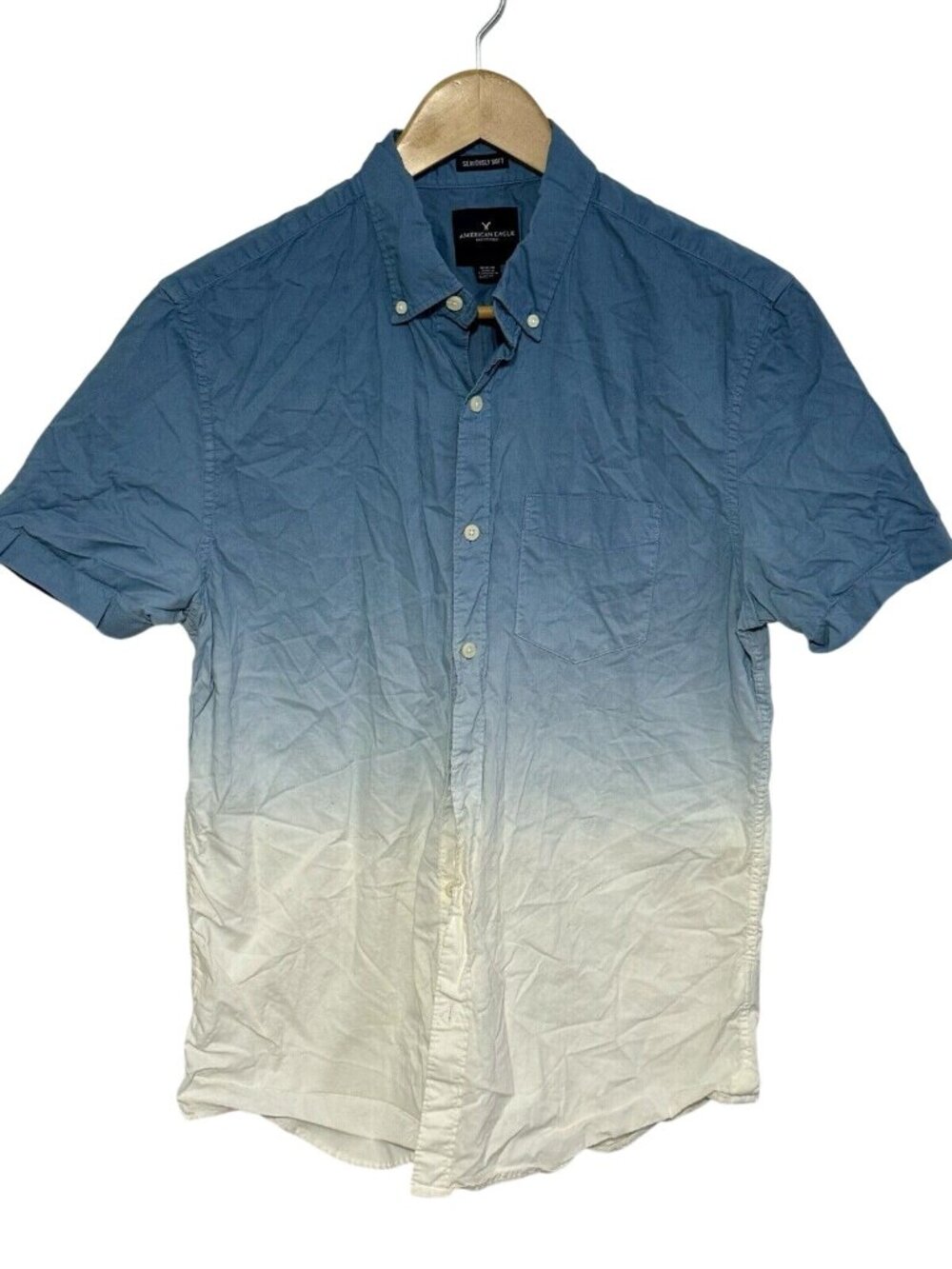 American Eagle Outfitters Men White Blue Seriously Soft Shirt Sz M Collar Button